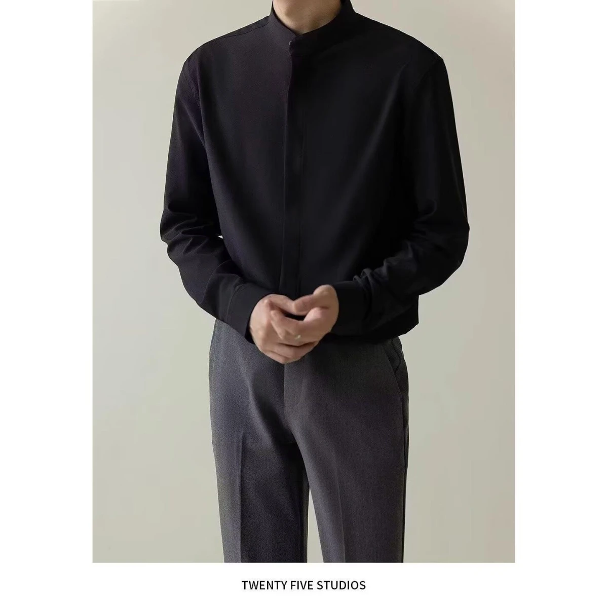 

New Chinese Sle Stand Collar Long Sve Loose Men's Casual irt Bla Versatile Faionable Polyester Fiber Spring Autumn