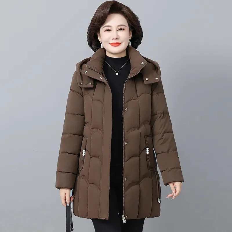 

Women's Winter Thickened Jackets Down Cotton Parkas Hooded Quilted Long Pockets coat Middle aged Female