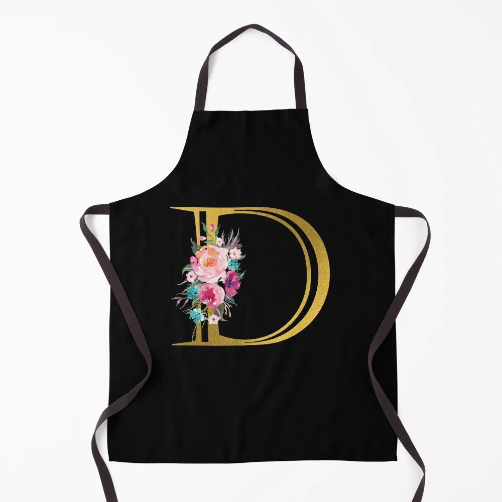 Letter D, Floral Monogram, Watercolor Roses, Initial, Faux Gold Foil Apron Chef Uniform For Men For Nail Stylist Apron