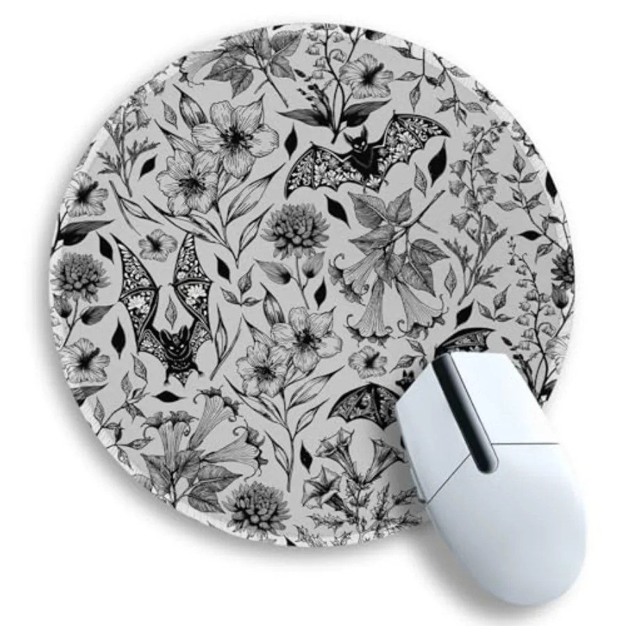 

Goth Floral Bat Mouse Pad for Desk, Funny Round Mousepad for Computer Laptop Gaming Stitched Edge Non-Slip Rubber Base, Gothic