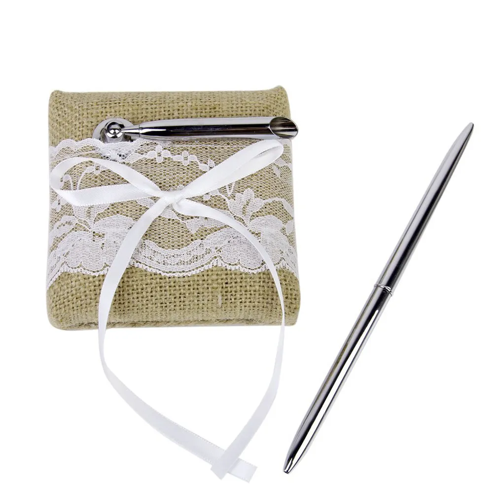 

Jute and White Lace Wedding Guestbook Set with 70-Page Sign-in Notebook Pen Stand Elegant Reception Home Office School