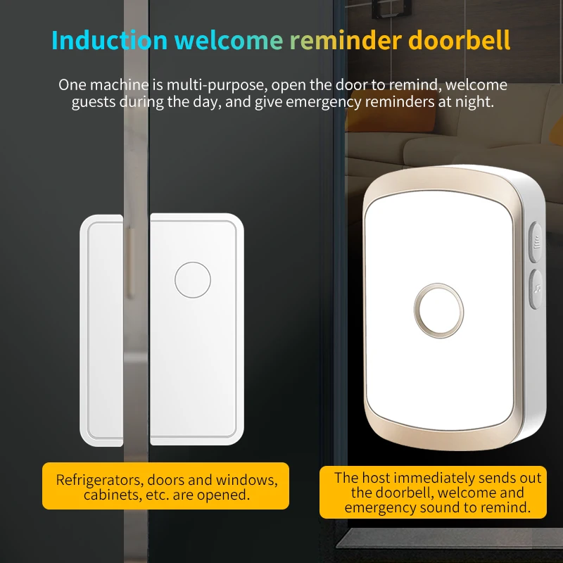 CACAZI wireless doorbell 918 feet 280 meters range 52 melody alarm windows M20 household anti-theft magnetic sensor shop alarm