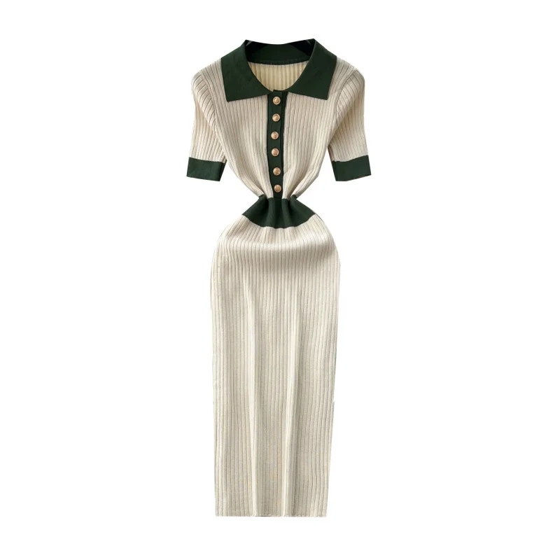 ผู้หญิงเก๋ฤดูร้อนSlimเสื้อโปโลคอBodyconถักชุดยาวVINTAGE PARTY Patchwork SheathชุดElegant Tunic Office vestidos