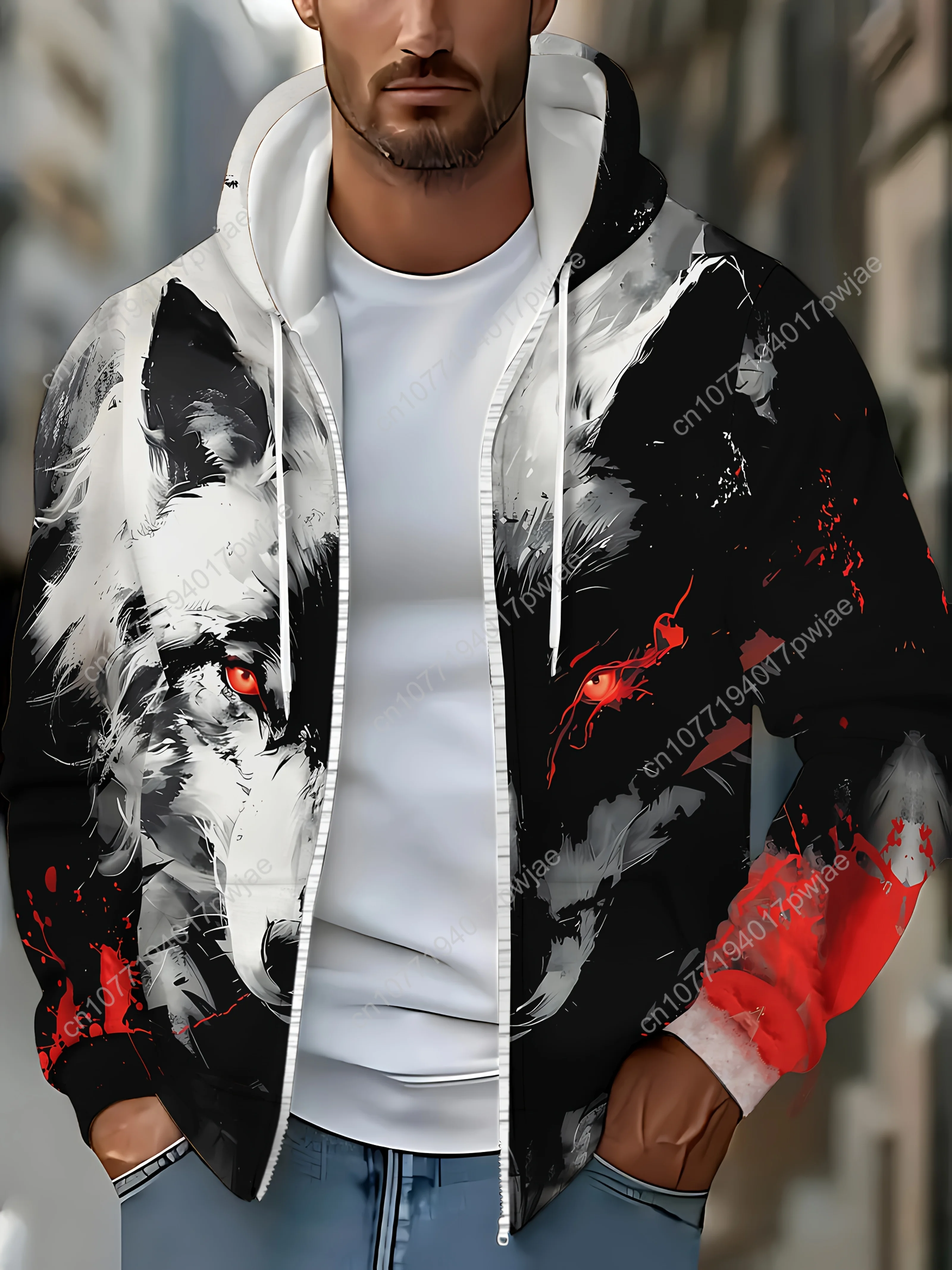 Giacca da uomo con cappuccio e zip intera - Grafica di lupo nero/rosso/bianco, cappuccio con coulisse e tasche laterali - Capispalla leggero per l'escursionismo,