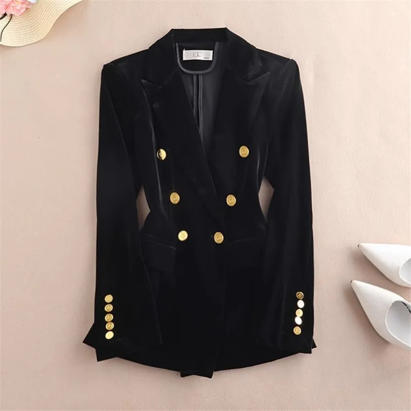 2024 Autumn Winter Women Velvet Blazer Jacket Double Breasted Pocket Fashion Slim Suit Jacket Female Elegant Formal Blazers Coat