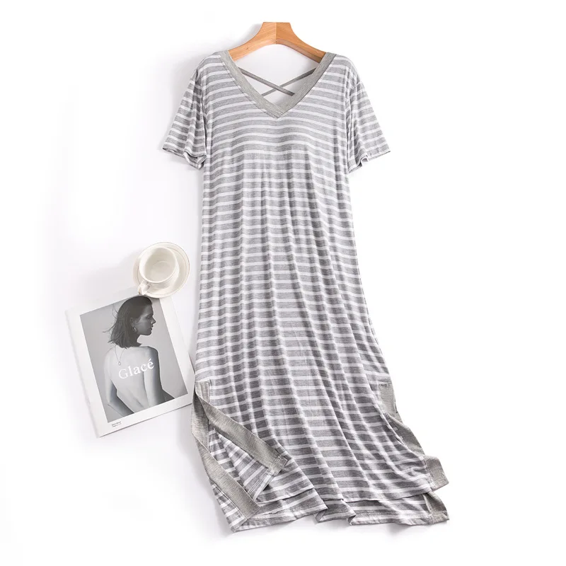 Striped Summer Sleeping Dress For Women New Short Sleeve Nightwear Dresses Ladies Nightgowns Chest Pad Sleepwear Nightshirt