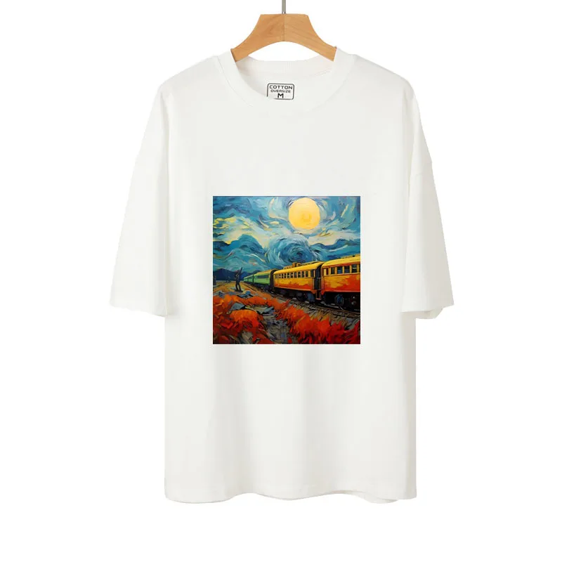 Retro Oil Painting Poster starry Train Iron-on Transfer Thermal Art Sticker For Clothes T-shirt DIY Fashion Heat Transfer Patch