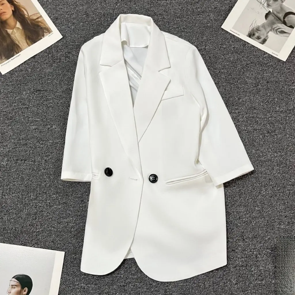 

Новый летний белый тонкий пиджак для женщин, дизайн с разрезом сзади, темпераментный топ в стиле богини, женская модная верхняя одежда