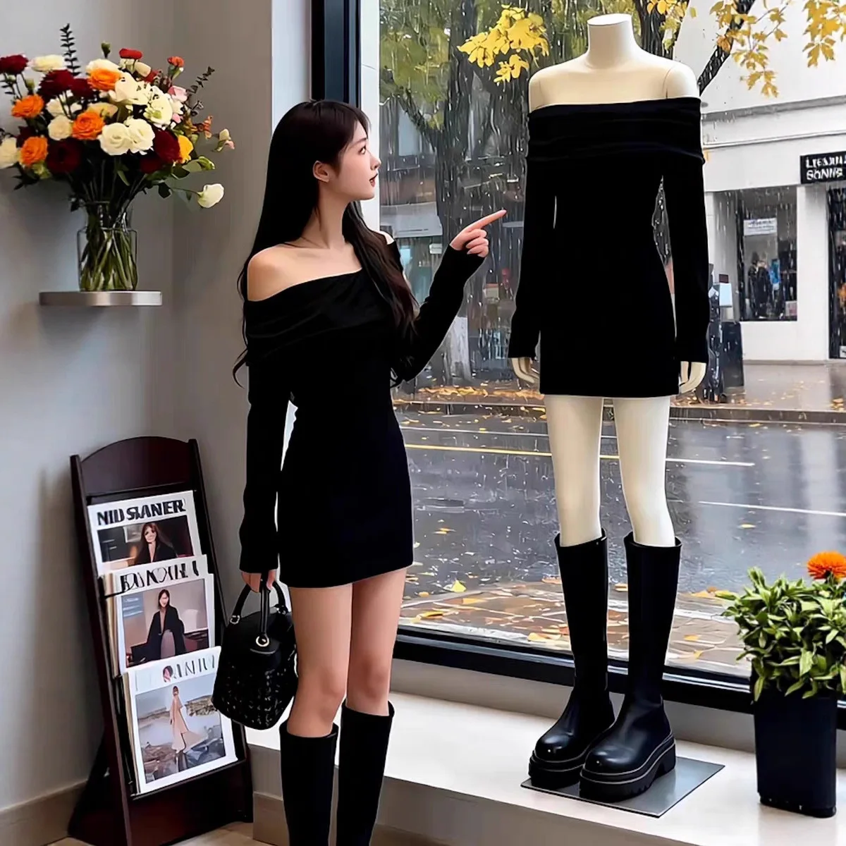 

Off-Shoulder For Women Spring Autumn Winter Pure Desire Sexy Hot Girl Red Slimming Long Sleeve Inner Wear Short Dress