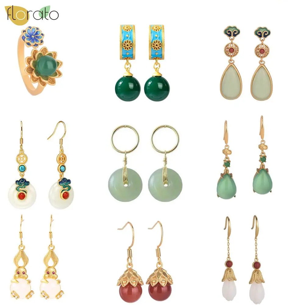 

925 Sterling Silver Ear Needle Court Style Retro Pendant Stud Earrings for Women Light Luxury Jade Earring Fashion Jewelry Gift