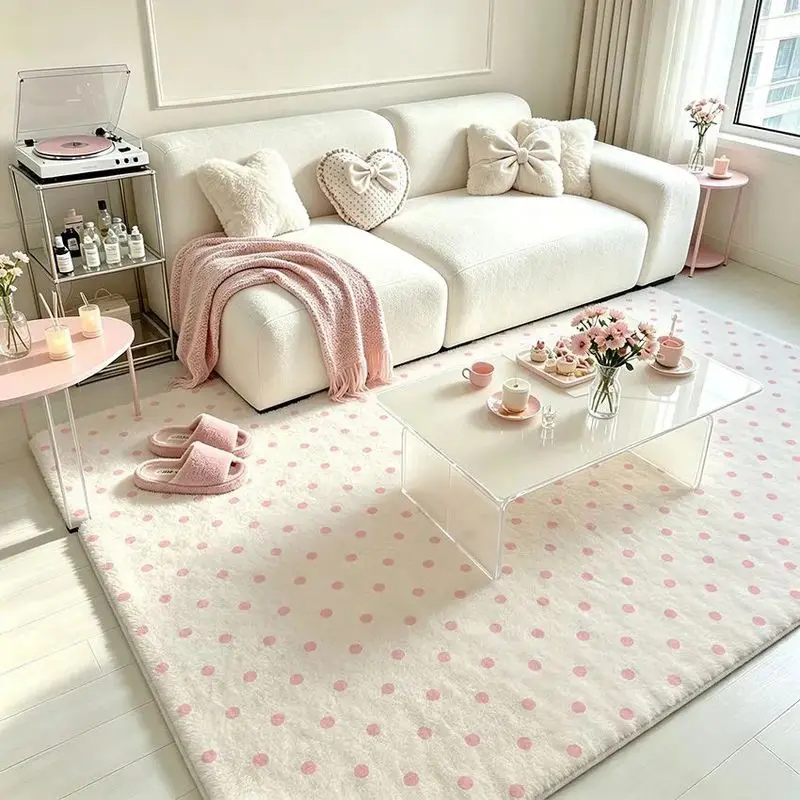 VIKAMA Pink Polka Dot Living Room Rug Cream Fluffy Soft Area Carpet Girls Bedroom Decor Cute Home Accent Floor Mat