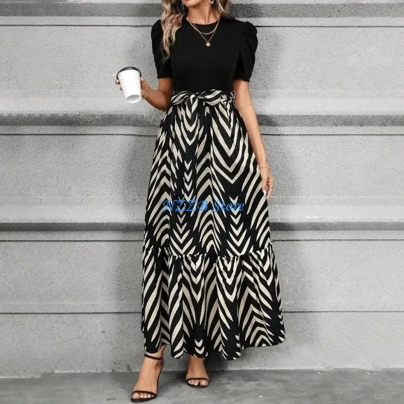 فساتين T21F للنساء فستان طويل كاجوال واسع من الزهور وفساتين شاطئ أنيقة على الخصر