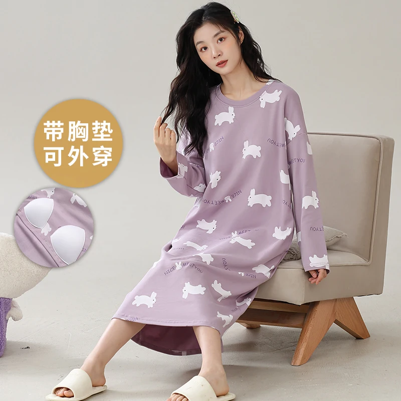 Spring and Autumn Women Long Sleeve Nightdress With Chest Pad Femme 100% Cotton Nightwear Casual Female Sleepdress