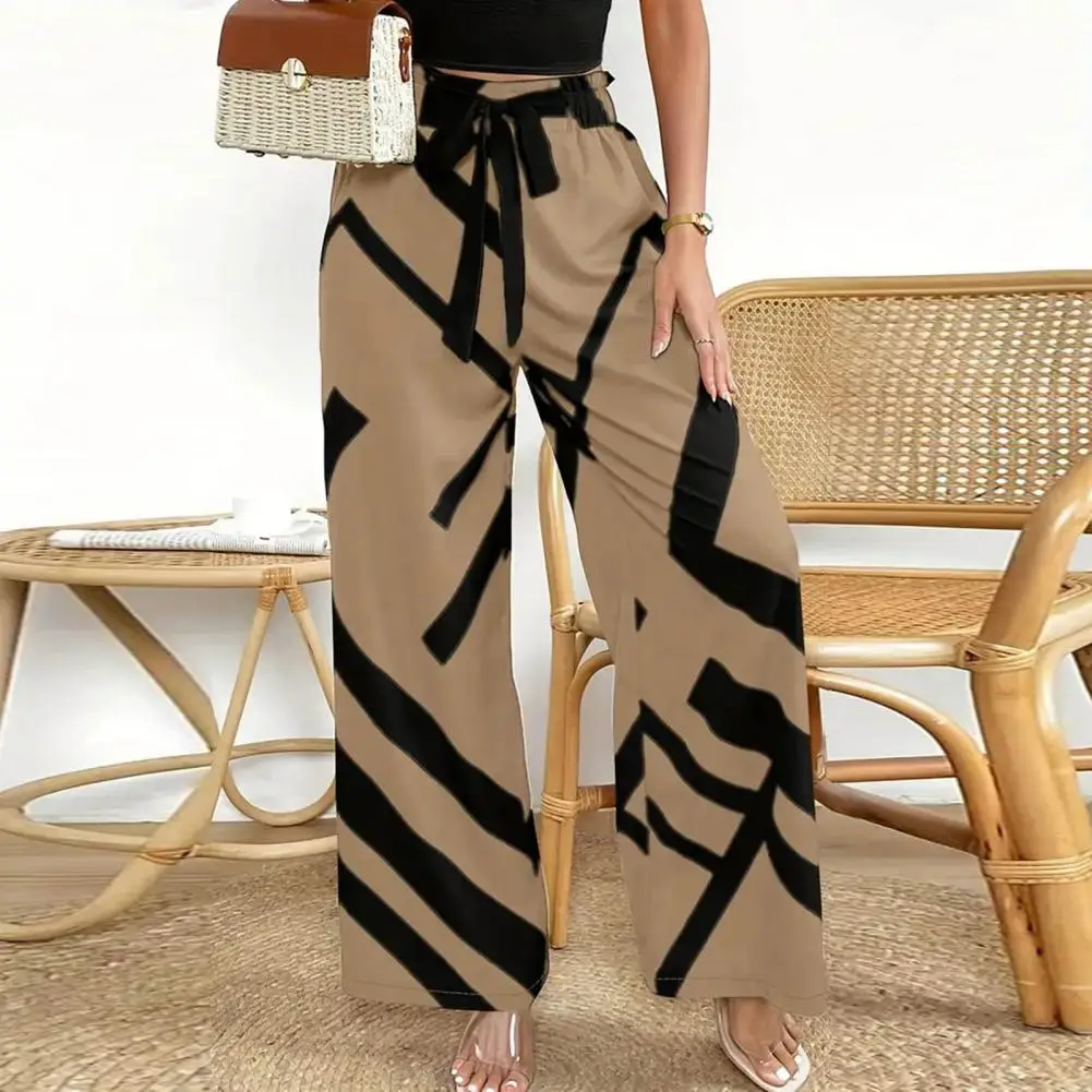 

Women Casual Pants Elastic High Waist Adjustable Drawstring Wide Leg Long Trousers Line Print Sport Pants 여성용 와이드 팬츠