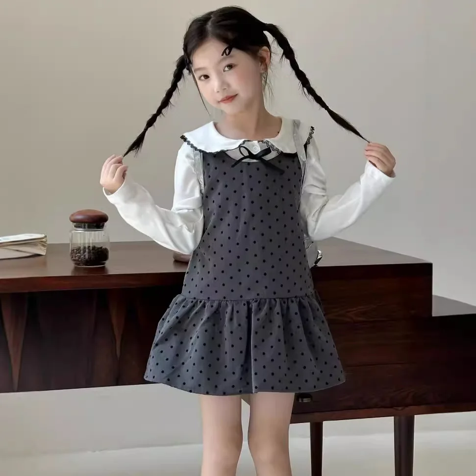 Girl Vest Dress Autumn 2024 New Bow Baby Shirt Wave Point Princess Sweet Casual Simple Fashion Sweet Korean Active Vintage Cute