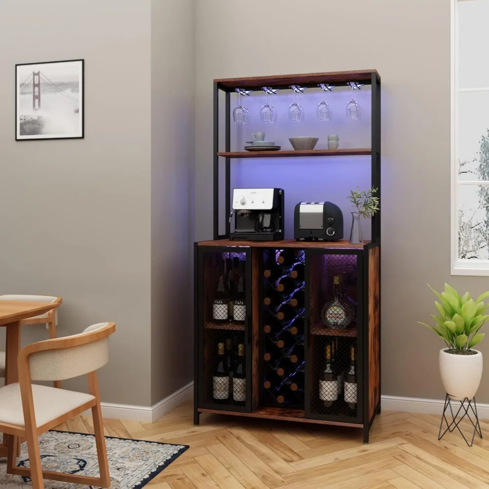 Wine Bar Cabinet com luzes LED, Industrial Coffee Bar, Buffet Aparador com prateleiras ajustáveis, mesa de cozinha, 5-Tier