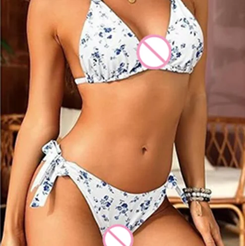 

Сексуальное модное женское белье: комплект бикини из двух частей с треугольными трусиками и завязками, нейлон/спандекс, для пляжа, милый дизайн, 2025