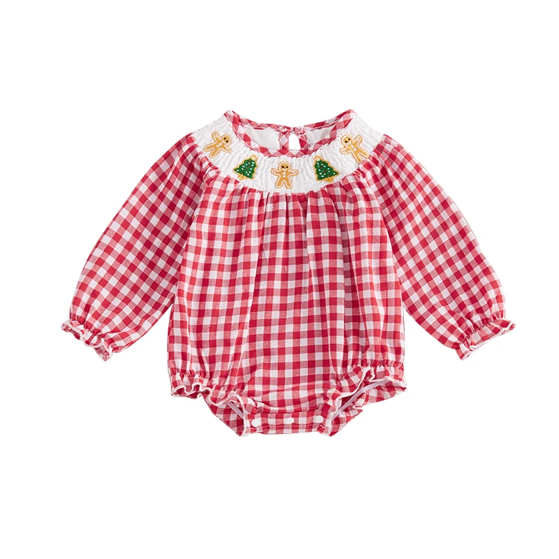 Toddler Baby Girl Christmas Romper Plaid Santa&Gingerbread Print Long Puff Sleeve Smocked Romper Cotton Linen Tops