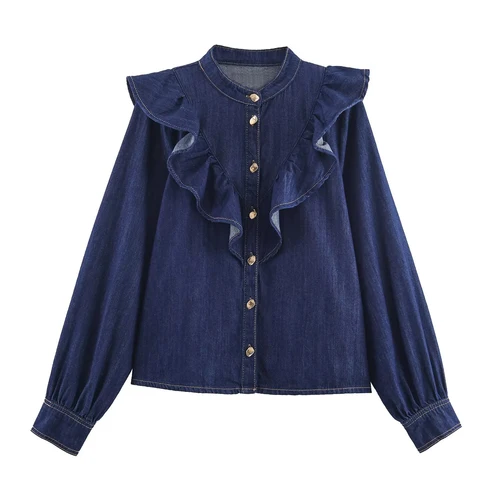 Imagen 2 del producto Ropa de mujer de estilo europeo y americano nueva moda 2025, conjunto de camisa y pantalones largos con decoración en capas de mezclilla de color sólido