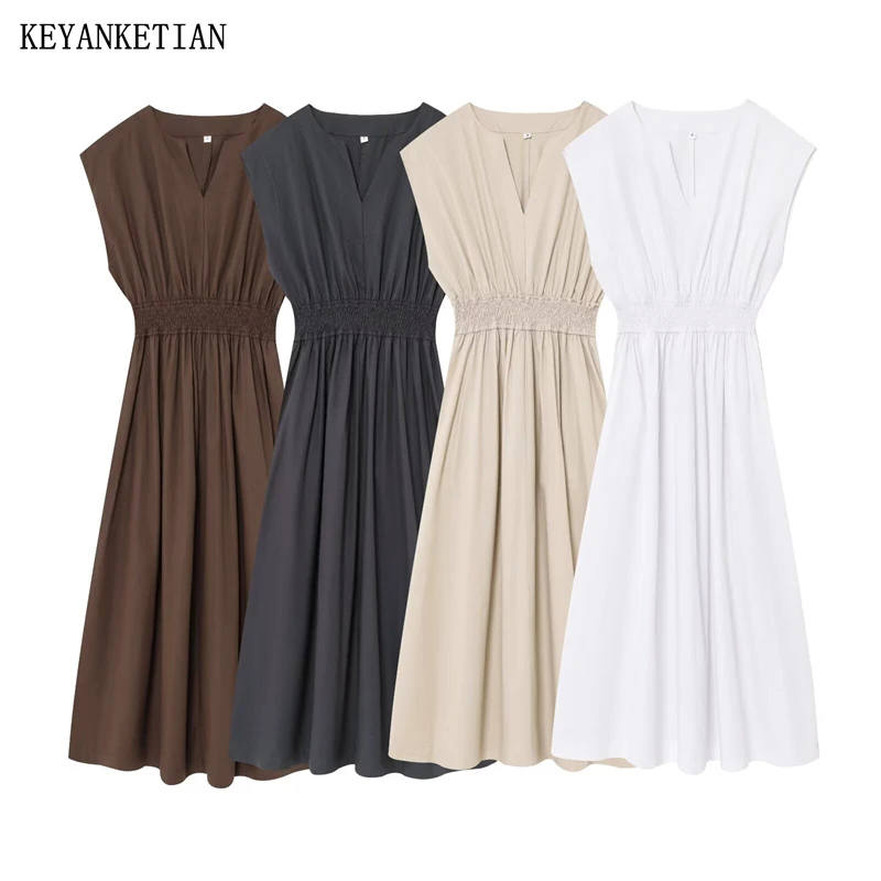 

KEYANKETIAN Summer New Women's Elastic Waist MIDI Dresses Simple style V-Neck Short Sleeve Solid color Slim Poplin Long Dress