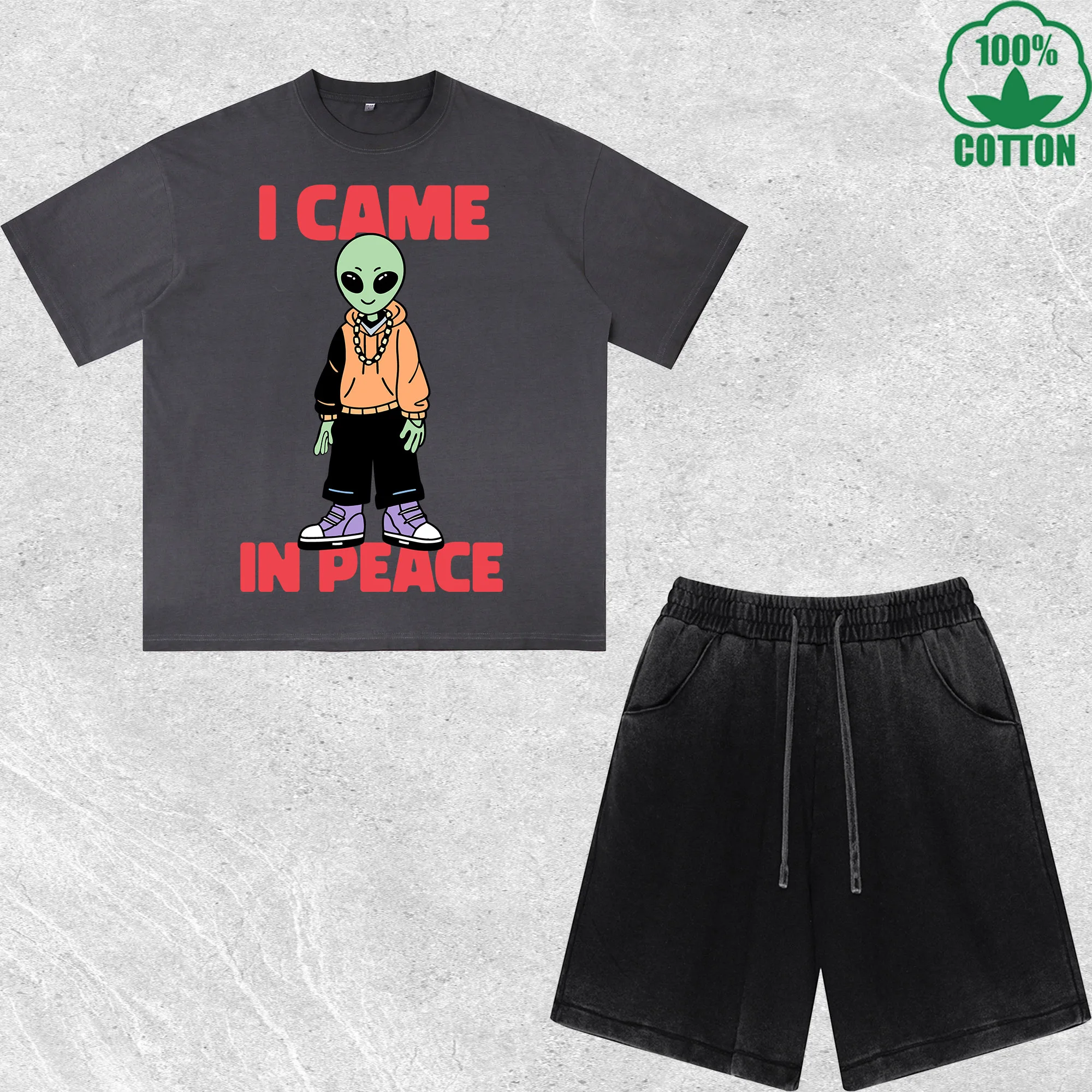 

Icame in Peace Printed Dirty Wash T-Shirt Shorts Set Multicolor Combo Loose Trendy Fashionable 100%Cotton