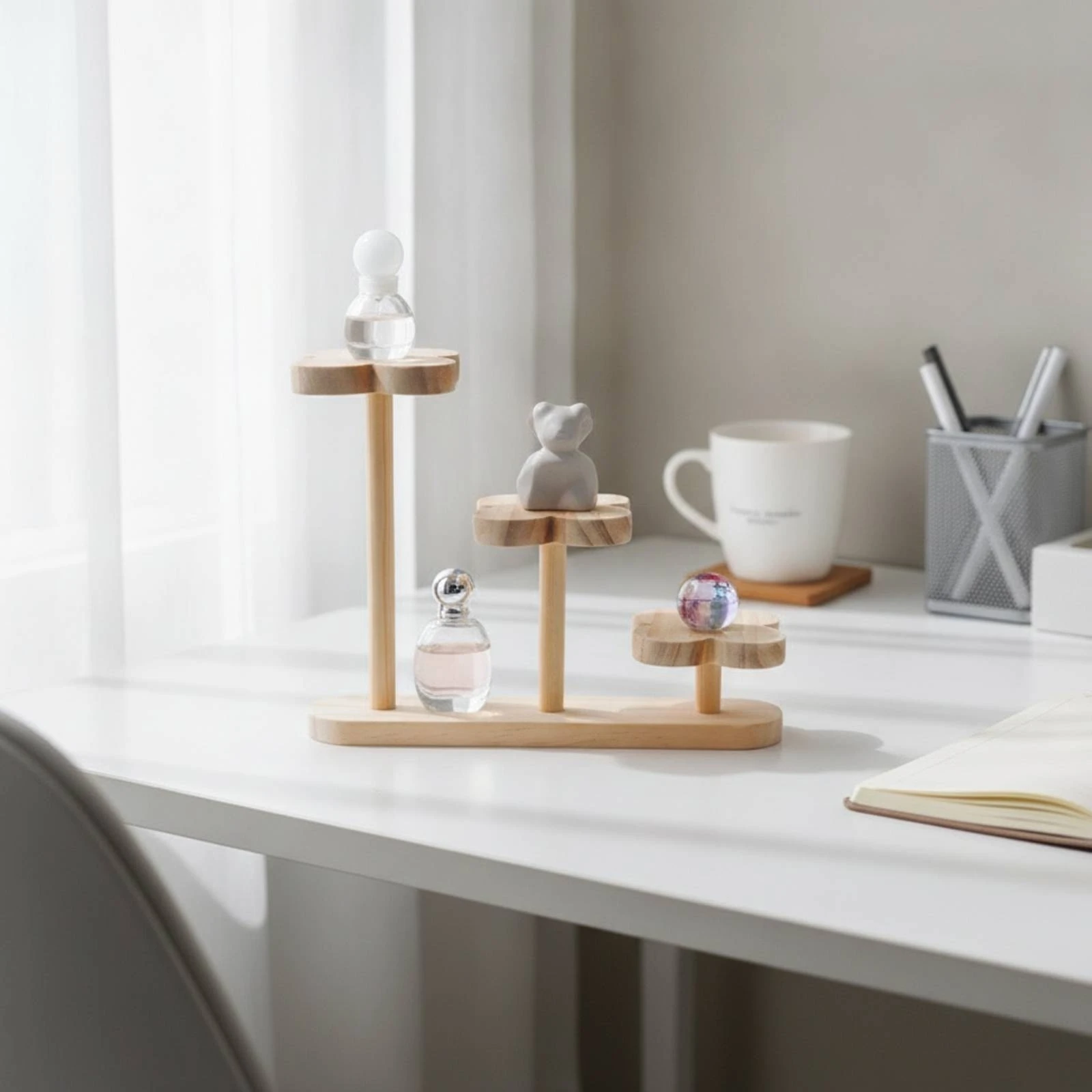 Tiered Display Rack with Flower-Shaped Platforms Assembly Required Solid Wood Display Stand with Rounded Base Shelf Space-Saving