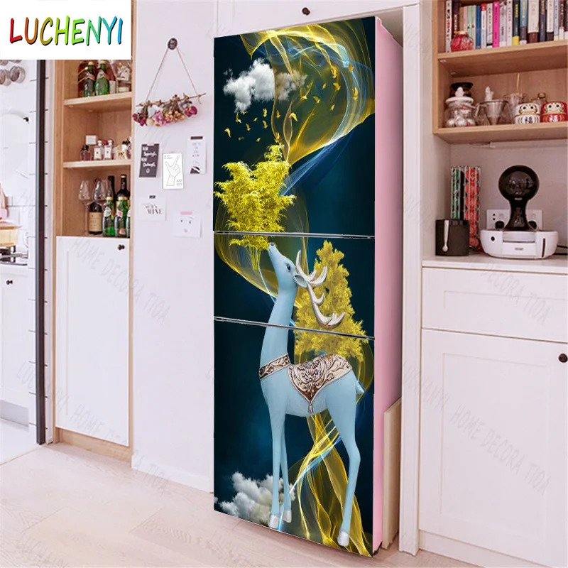 Papel de paredelotus blue deer golden tree leaf refrigerator sticker  door stickerkitchen fridge wallpaper mural , home decor