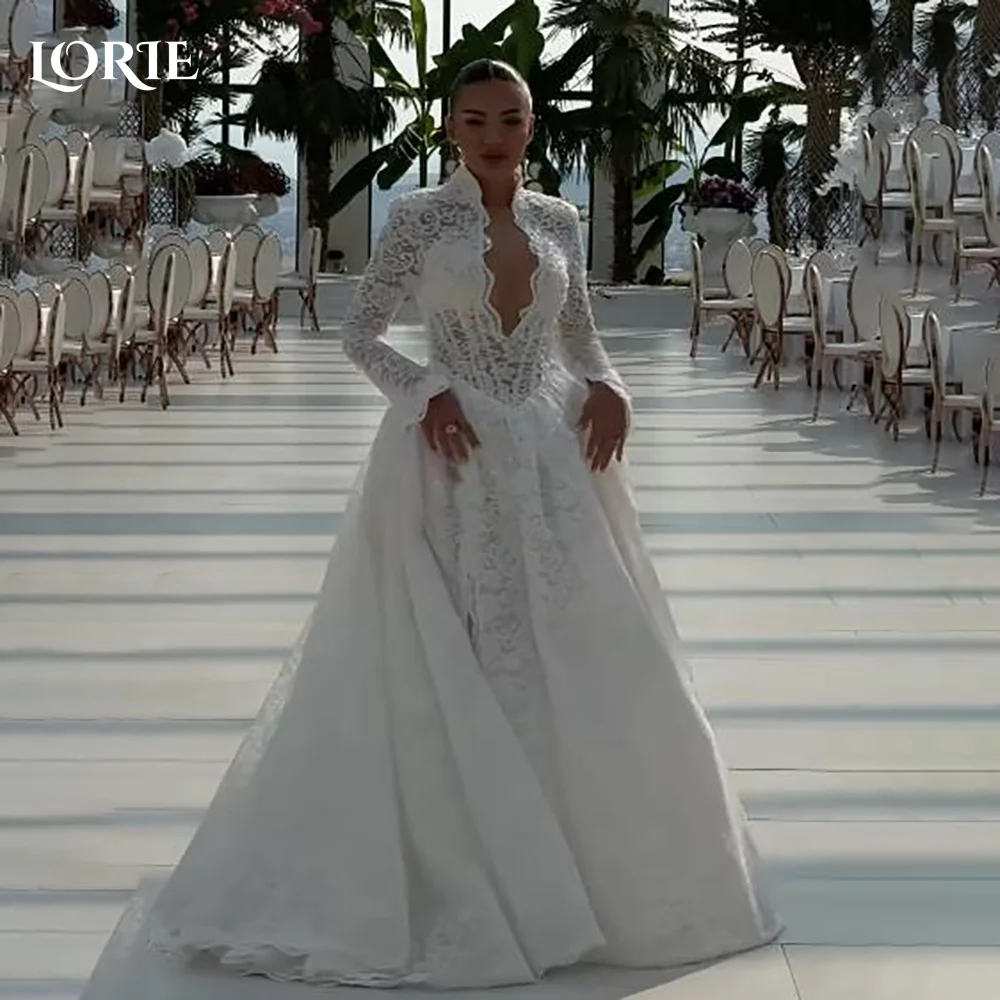 

LORIE Lace Wedding Dress High Collar Long Sleeve A-line Appliques Mermaid Bride Gown Elegant Boho Bride Dress vestidos de novia