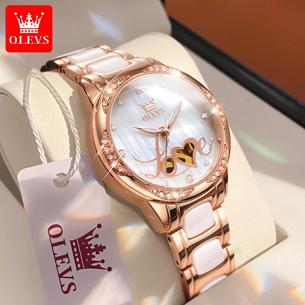 OLEVS 6613 Woman Watch Fashion Hollowed Love Heart Design Flower Diamond Bezel Waterproof Luminous Automatic Mechanical Watches