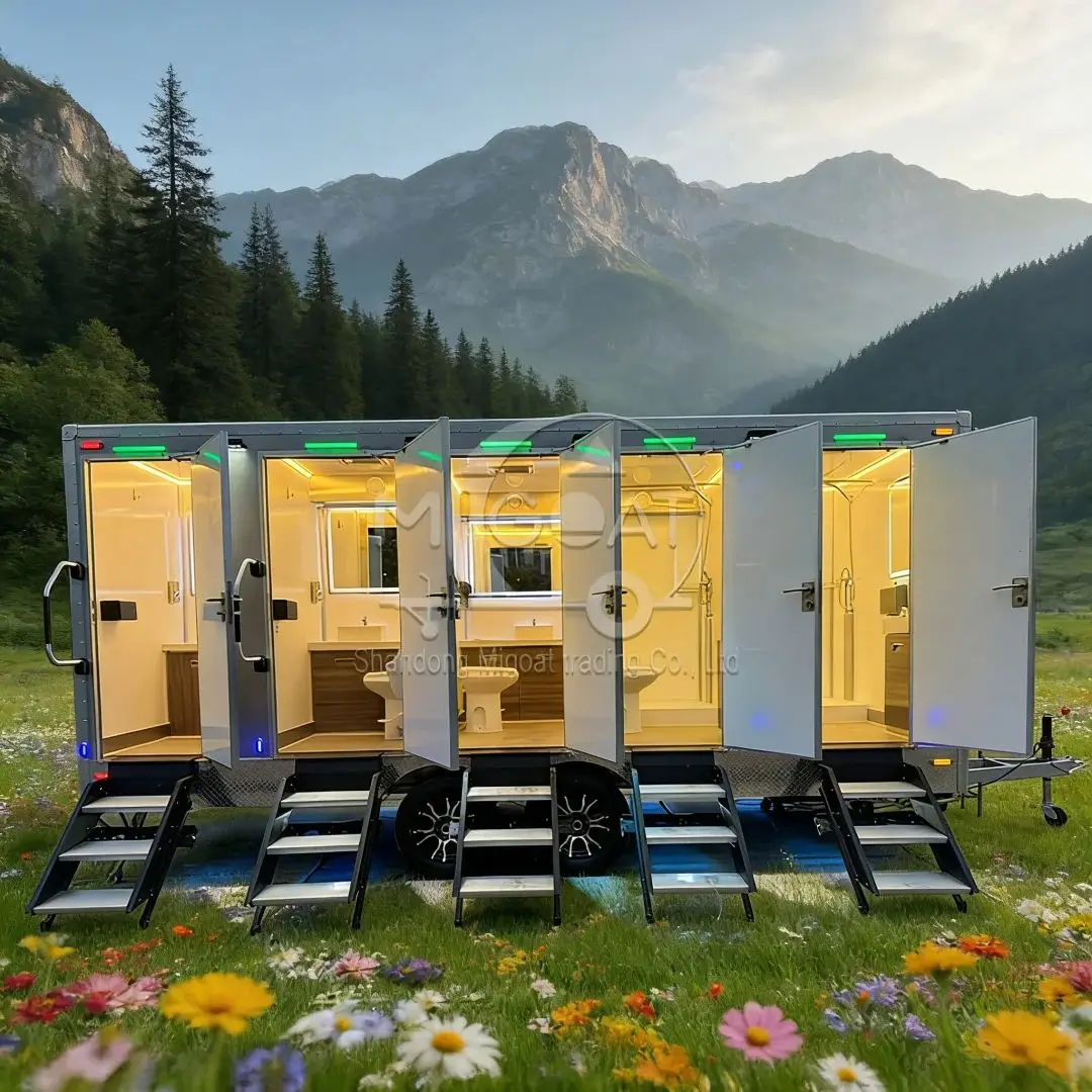 

Портативный туалетный прицеп на 5 кабинок, коммерческий мобильный туалет с LED-подсветкой и ступеньками для мероприятий на открытом воздухе, временный санузел