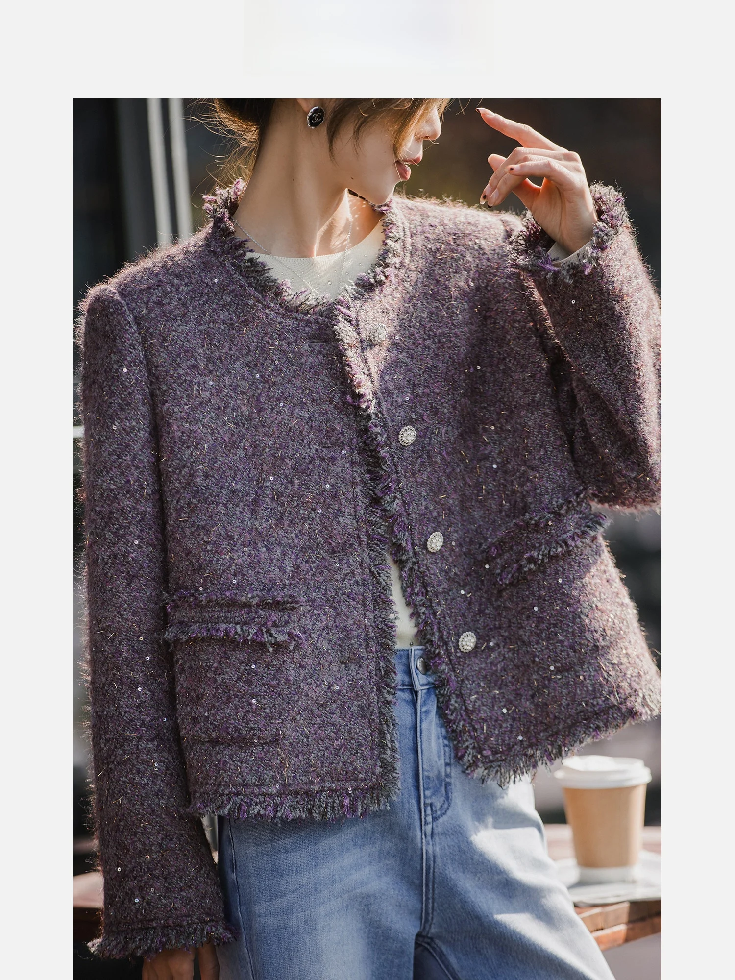 

Ele Woolen ort Coat for Women Vintage Sle Night Star Pattern Commute Faion Straight Cut with iny Tead Detail
