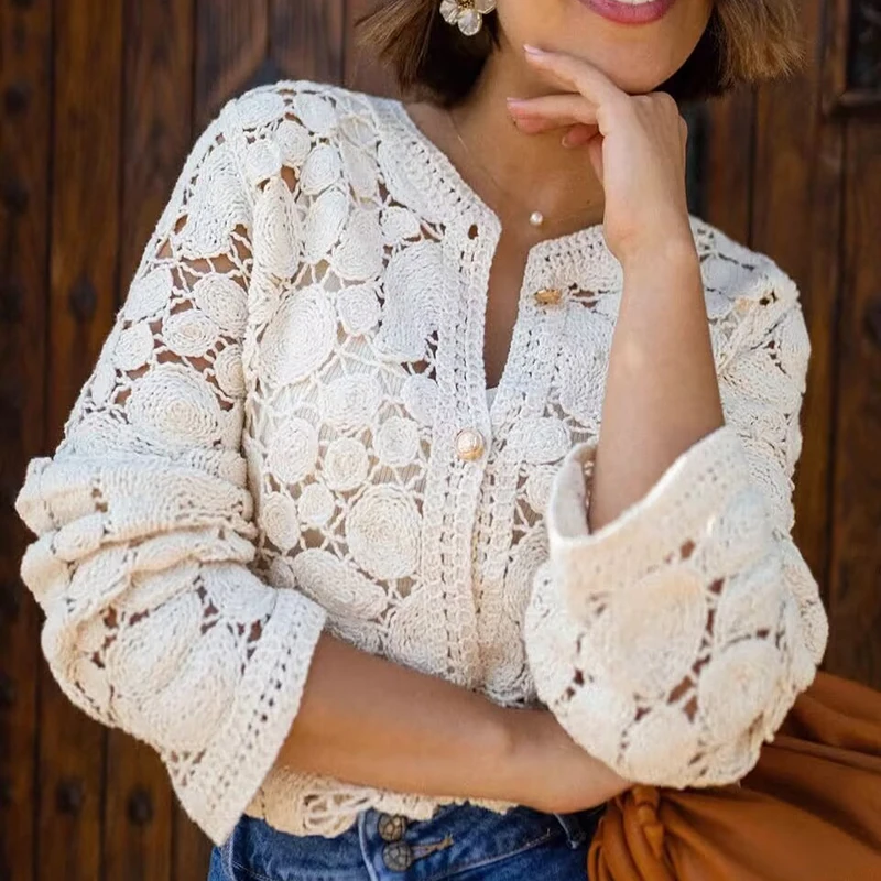 

2025 женская повседневная однотонная рубашка-кардиган с длинным рукавом, модные однобортные свободные топы, элегантный вязаный топ с круглым вырезом