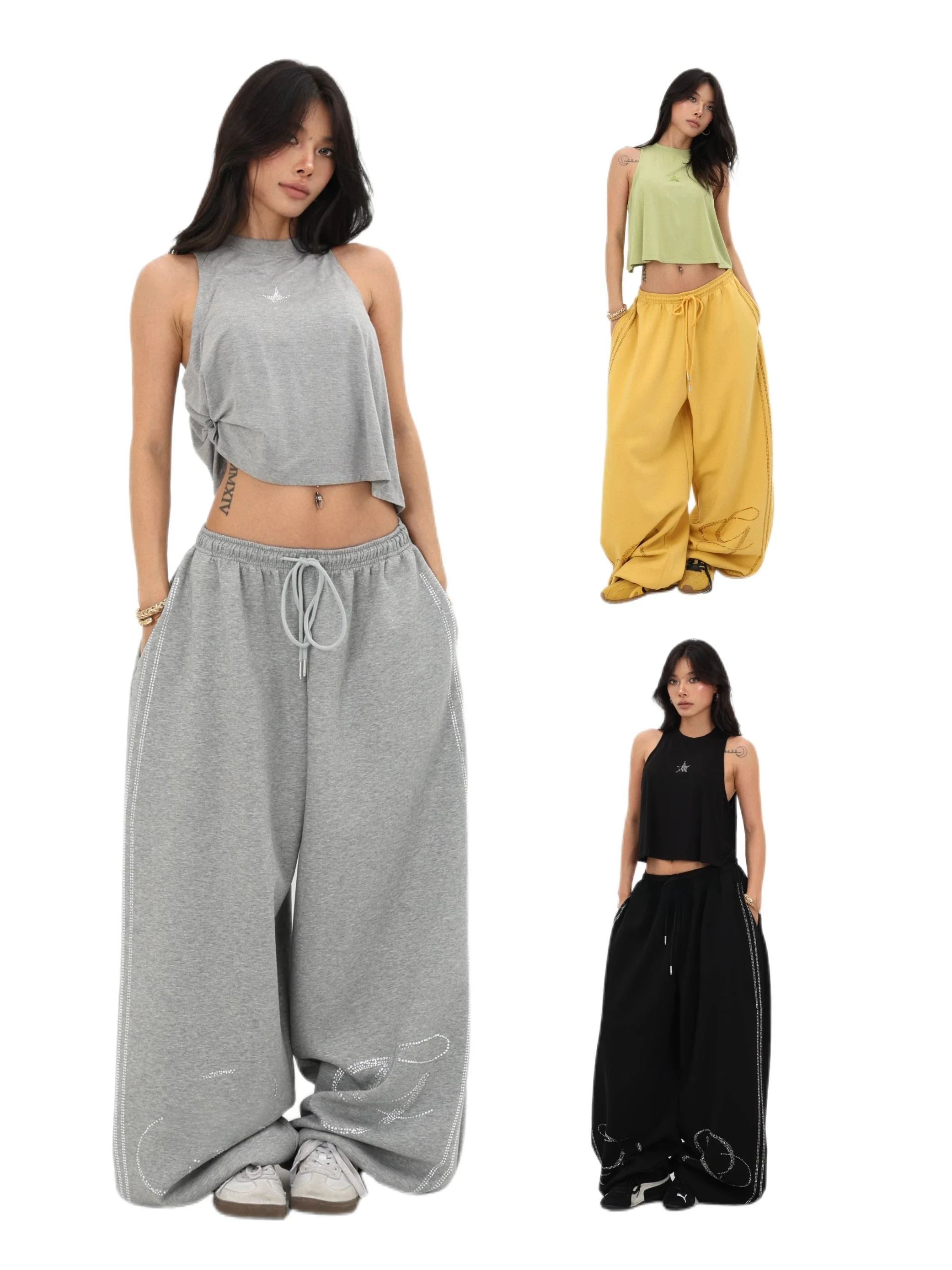 Original Design Dance Wide Leg Pants Women's Summer Loose Slimming Drapey Casual Sports Pants Glittering High Waist Elastic