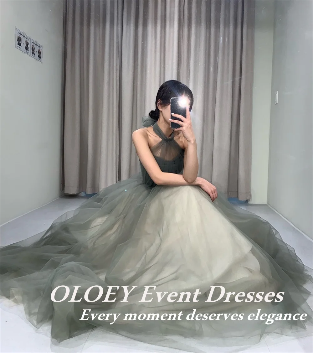 

OLOEY Simple Dark Green Halter Prom Party Dresses Korea Wedding Photoshoot Soft Tulle Evening Gowns Corset Back Customized