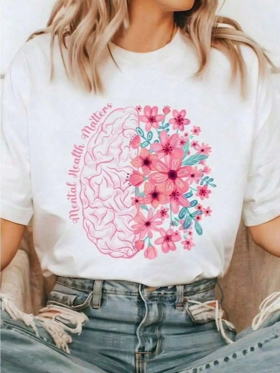 Vintage Floral Brain Graphic T Shirt Women 100% Cotton Mental Health Matters Tee Aesthetic Flower Print Top Summer Female Clothes