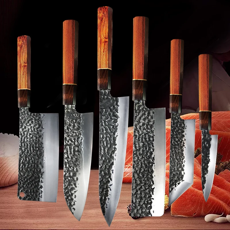 NONE Japanische Küchenmesser Gehämmertes Kochmesser 90Cr18MoV Edelstahl Santokumesser Fleischbeil Lachs Sushi Schneidemesser 9