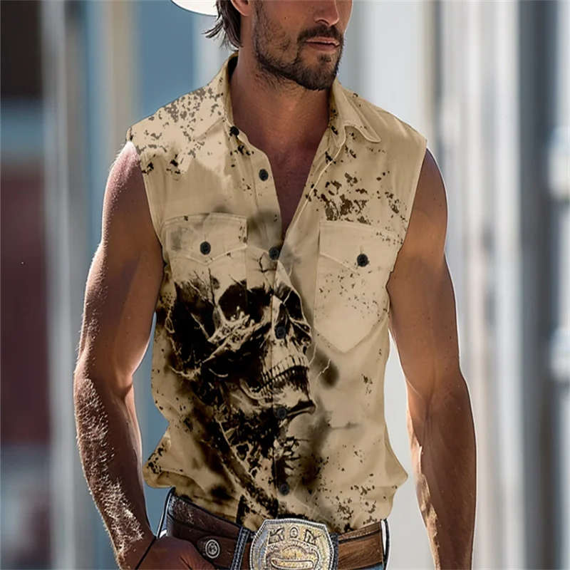 

Мужская рубашка без рукавов в западном стиле в ковбойском стиле, удобная дышащая летняя гавайская рубашка с пуговицами