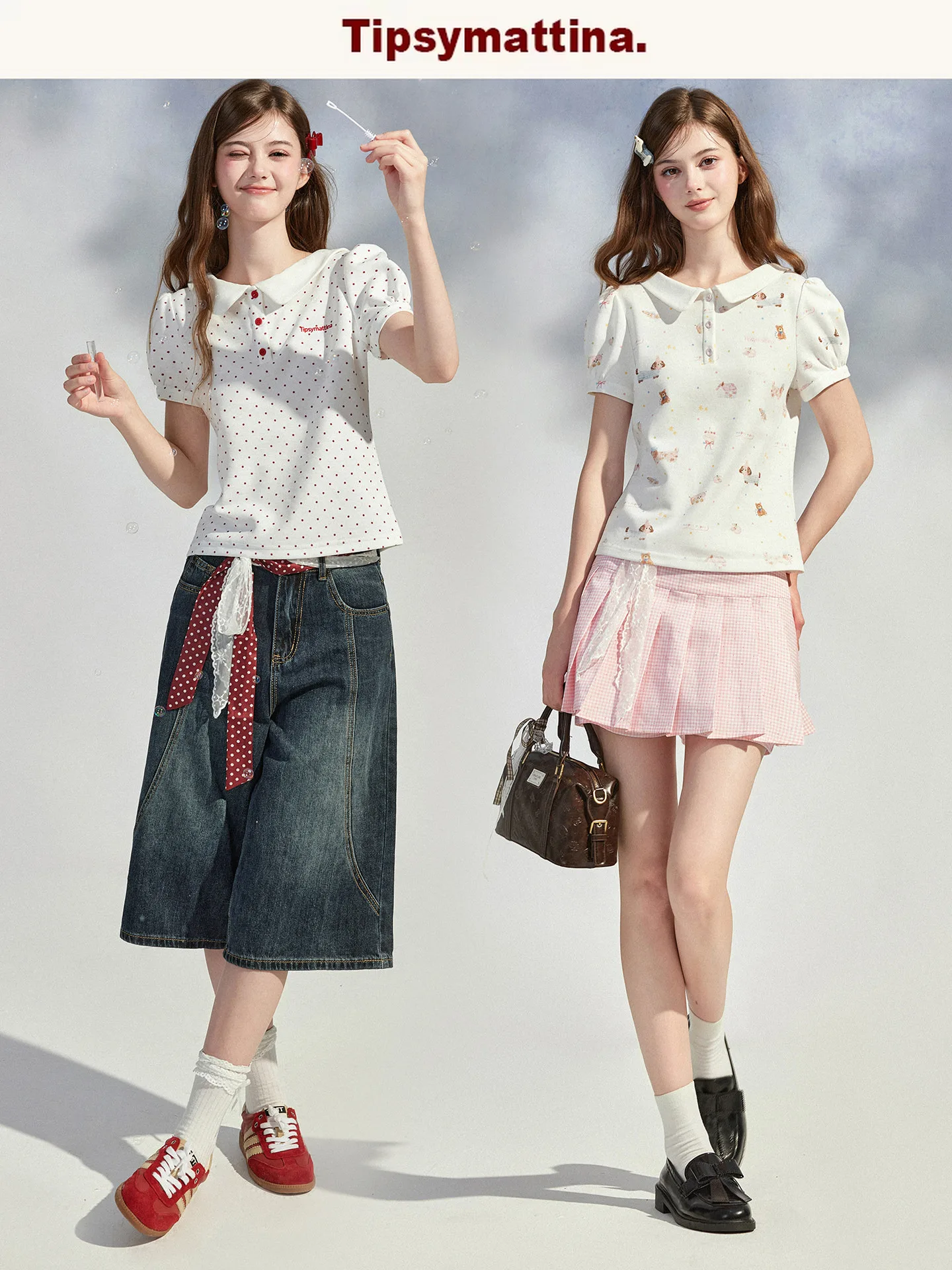 

Tipsymattina Summer 2026 Morning Drunkenn ort Sve irt Women's Overhead Print Doggie Polka Dot Cute Sle