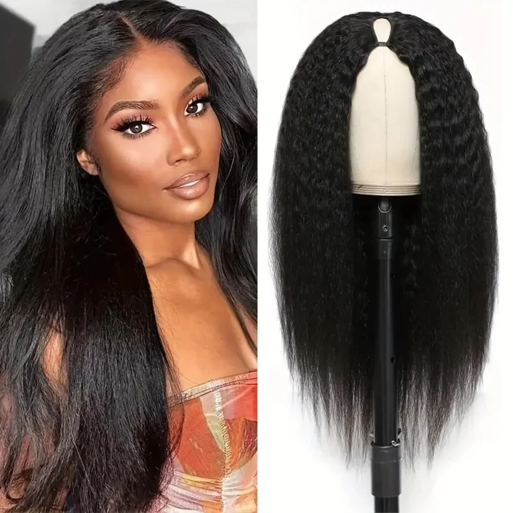 Kinky Straight V Part Wig, Cheveux humains brésiliens, Sans laisser de côté, Densité 180%, Entièrement fabriqué à la machine, Mise à niveau U Part Wig