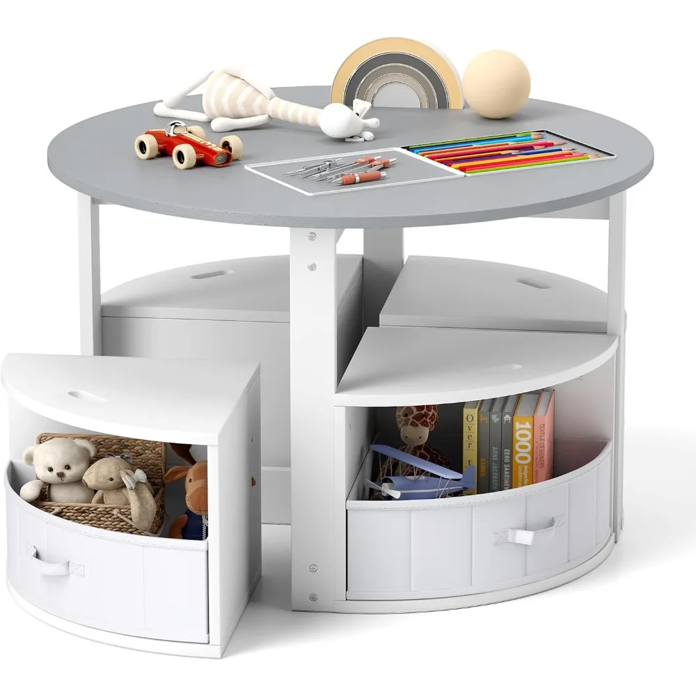 

Kids Table And Chairs, 5 Pieces Wooden Round Children Nesting Desk With 4 Storage Stools & 4 Fabric Drawers For Activity