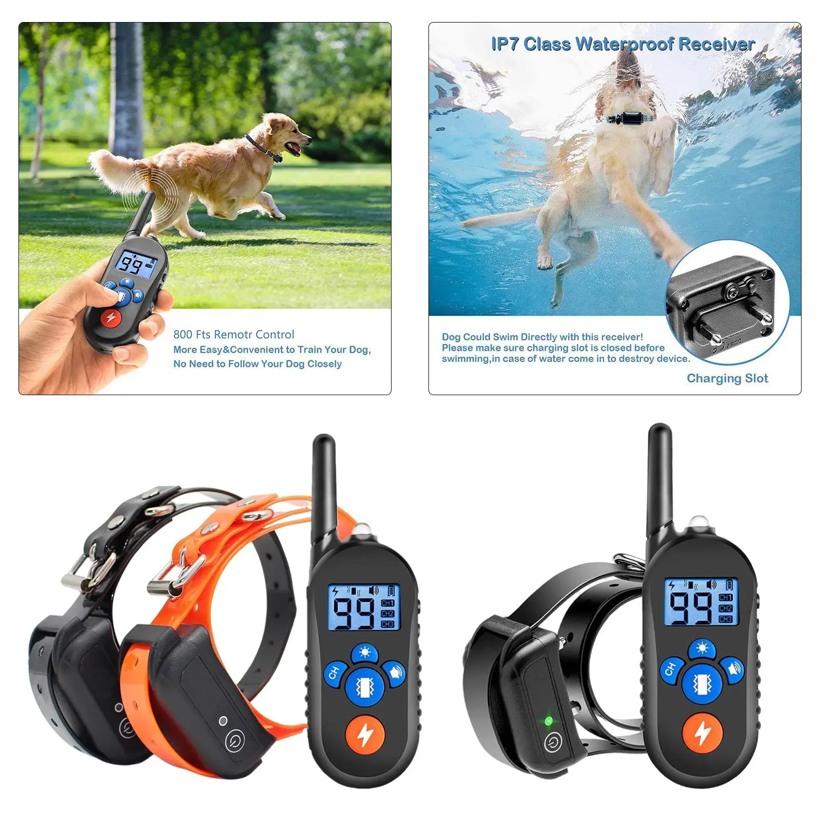 Electric Dog Training Collar 800M Vibration, Shock and Beep Waterproof Remote