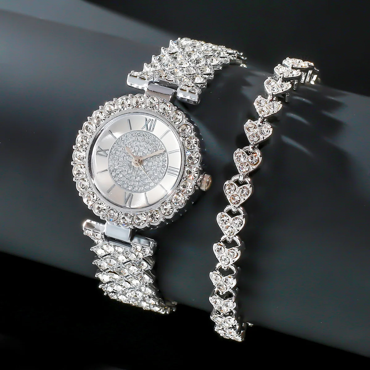 

1/2pcs Fashion Ladies Diamond Quartz Watch Jewelry Bracelet Set Roman Digital Dial Luxury Elegant Crystal Wristwatch Reloj Mujer