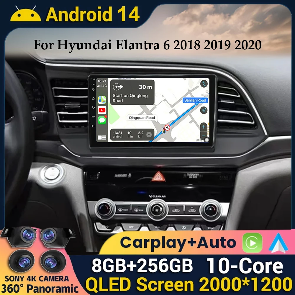 

Автомобильное радио Android 14 WIFI + 4G для Hyundai Elantra 6 2018 2019 2020, мультимедийный видеоплеер с разделенным экраном, GPS-навигация, камера 360