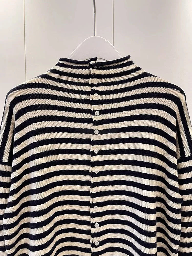 Atasan Rajut Desain Sensasi Warna Garis Blo Long Sve Nyaman untuk Bepergian, Kancing Tunggal, Model Slim