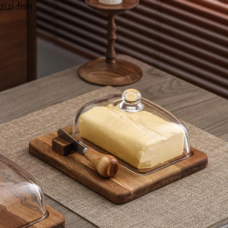 Caja de mantequilla con cubierta de vidrio de madera de Acacia, plato de queso con cuchillo, plato de mantequilla, plato de postre de madera, bandeja de pastelería para pasteles, utensilios de cocina