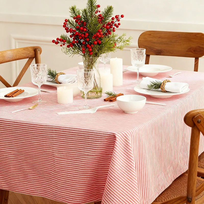 Christmas Red and White Striped Polyester Cloth Tablecloth for Party Restaurant Kitchen Table Decoration