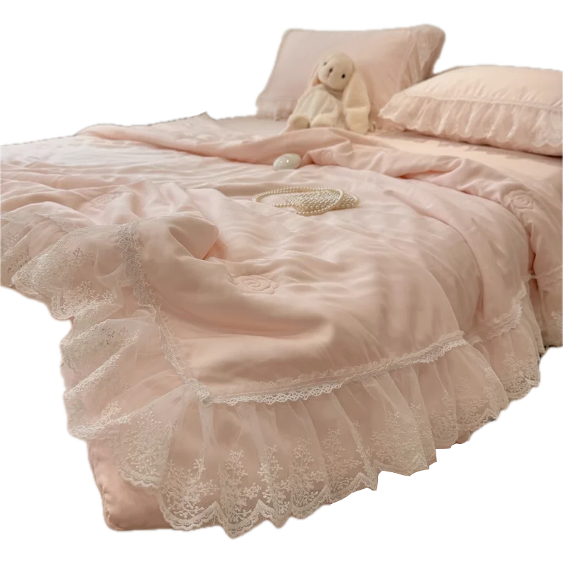 4Pcs Princess Wind Ice Silk Girly Heart Powder Flowers 50pcs Bedding Air Conditioner Quilt 200x230 Machine Washable Summer