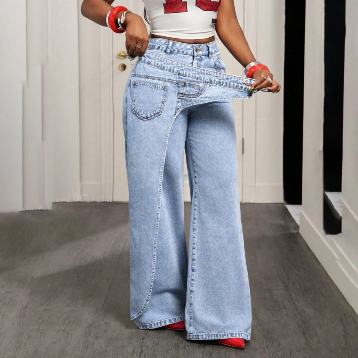 Women Designer Denim Pant Jeans Vintage Wide Leg Big Pockets Floor Pants High Waist Y2k Streetwear Elegant Casual Loose Trousers