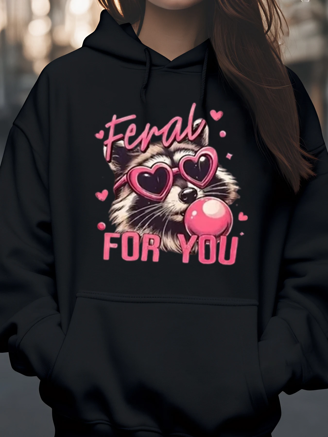 

Очки в форме сердца с изображением енота, толстовка с капюшоном на день Святого Валентина, повседневная одежда для женщин