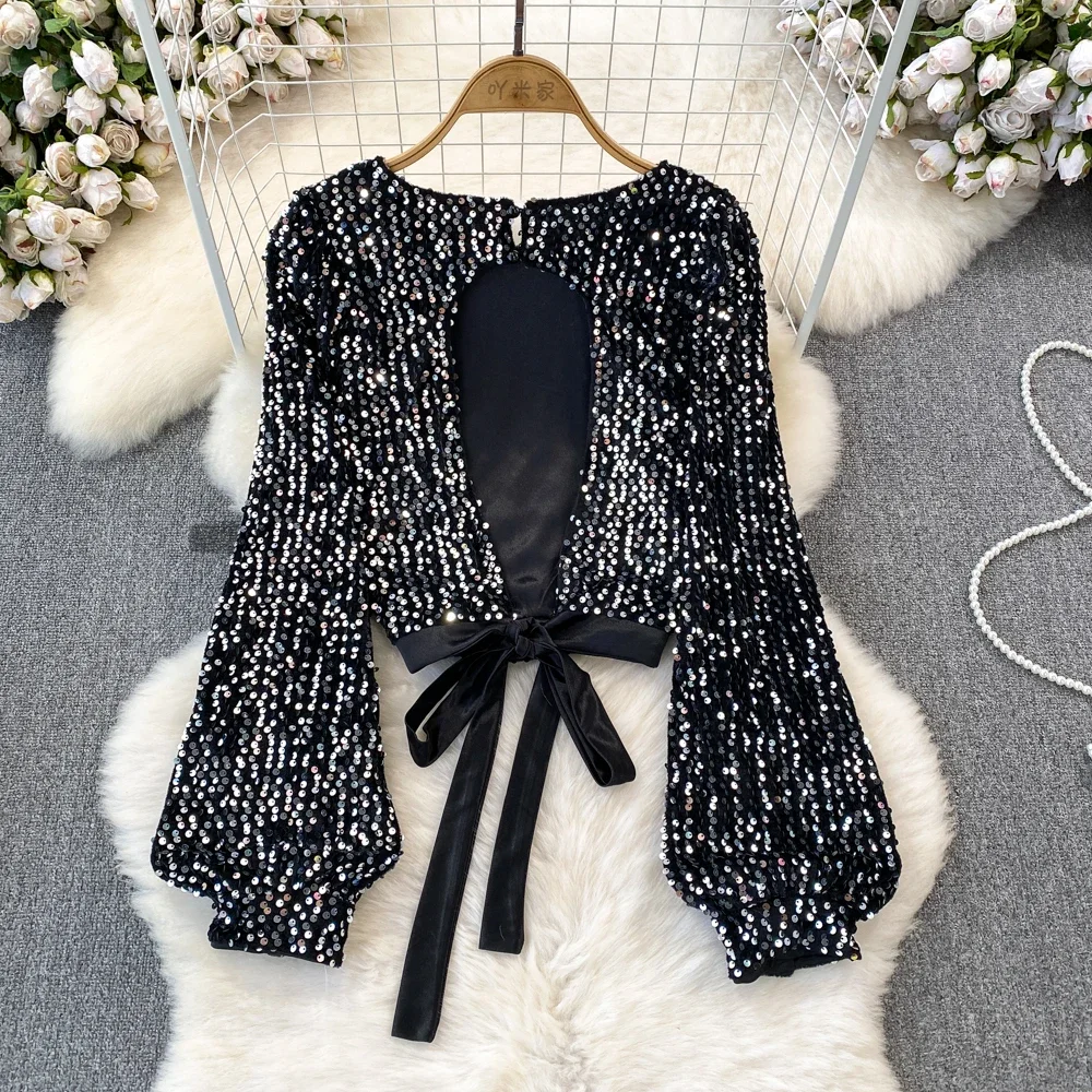 Woman Vintage Sequins Bling Blouse O Neck Women\'s Long Sleeve Crop Top Korean Fashion Butterfly Short Shirts Oversize Dropship